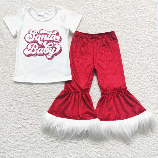 GSPO0791 Christmas Red Velvet Santa Baby Girls Short Sleeve Pants Outfits