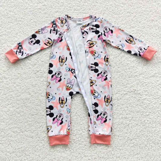 LR0298 M Cartoon Pink Zipper Girls Long Sleeve Romper