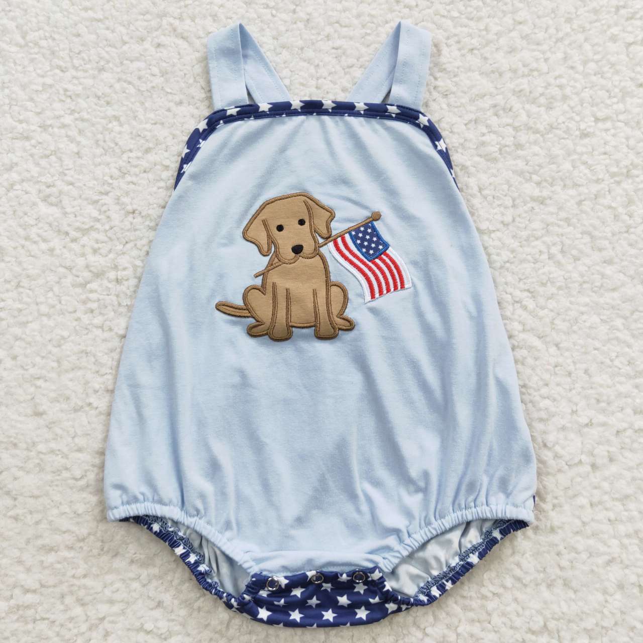 SR0331 4th Of July Blue Pink Flag Dog Embroidery Boys Short Sleeve Romper
