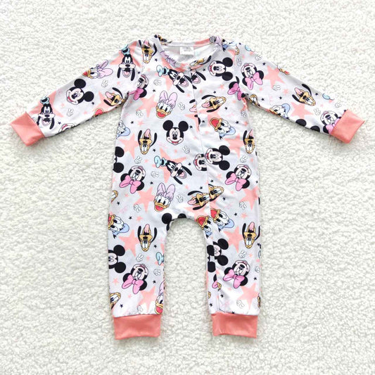 LR0298 M Cartoon Pink Zipper Girls Long Sleeve Romper