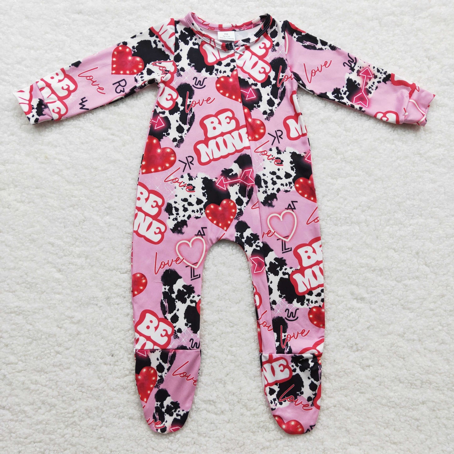 LR0235 Baby Girl Valentines Romper Cute Cow Heart Pink long sleeve Romper with socks RTS 202412