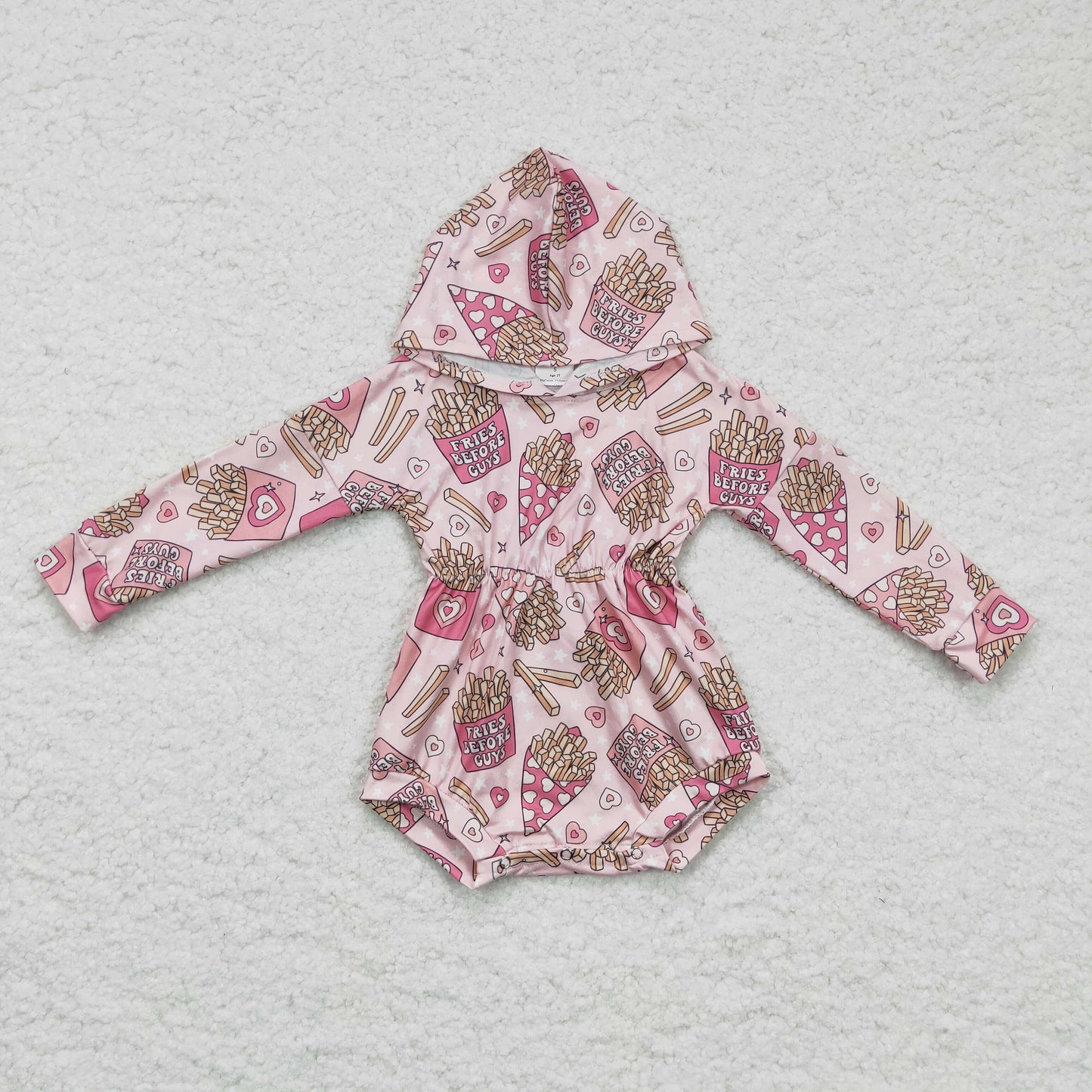 LR0244 Baby Girl Valentines Romper Pink Hoodie long sleeve Romper with French fries pattern RTS 202412