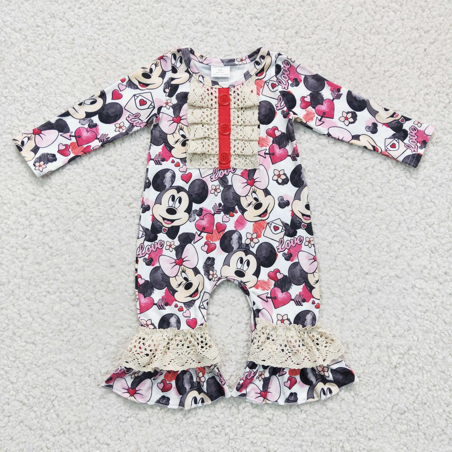 LR0245 Baby Girl Valentines Romper Black Ruffle long sleeve Romper with Mickey Mouse Cartoon pattern RTS 202412
