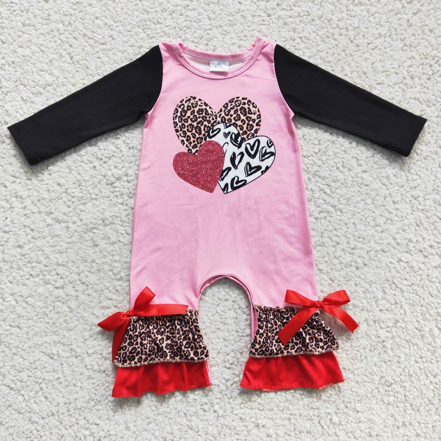 LR0251 Valentines Romper Pink Black Ruffle long sleeve Romper with Leopard heart RTS 202412