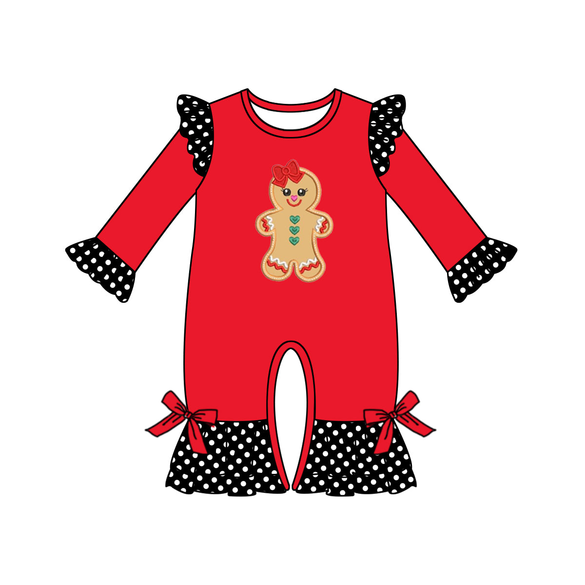 Preorder LR0364 Christmas Red Dots Gingerbread Girls Long Sleeve Romper
