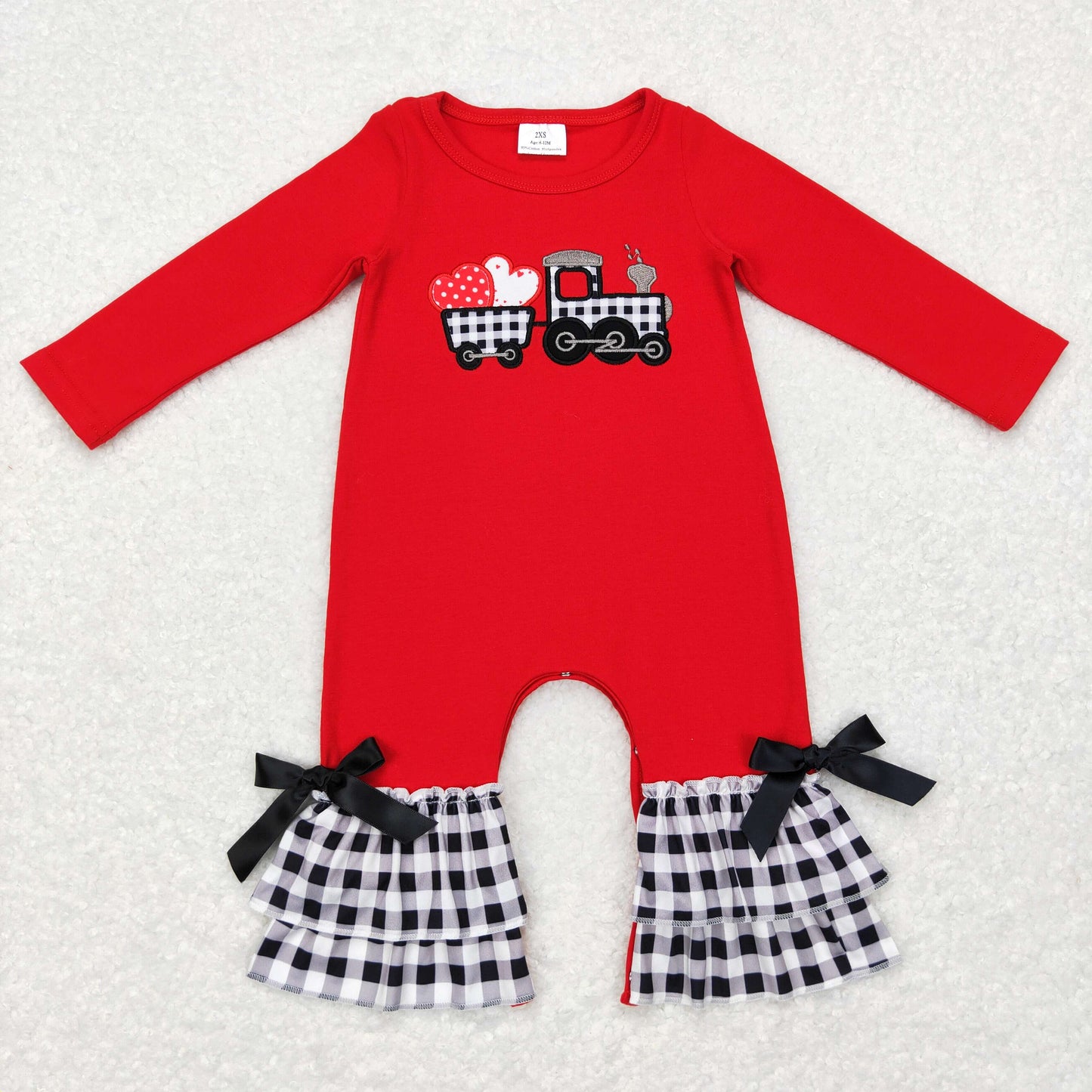 LR0780 Valentines outfits baby girl Red long sleeve Black check Bow Romper with truck love heart pattern RTS 202412