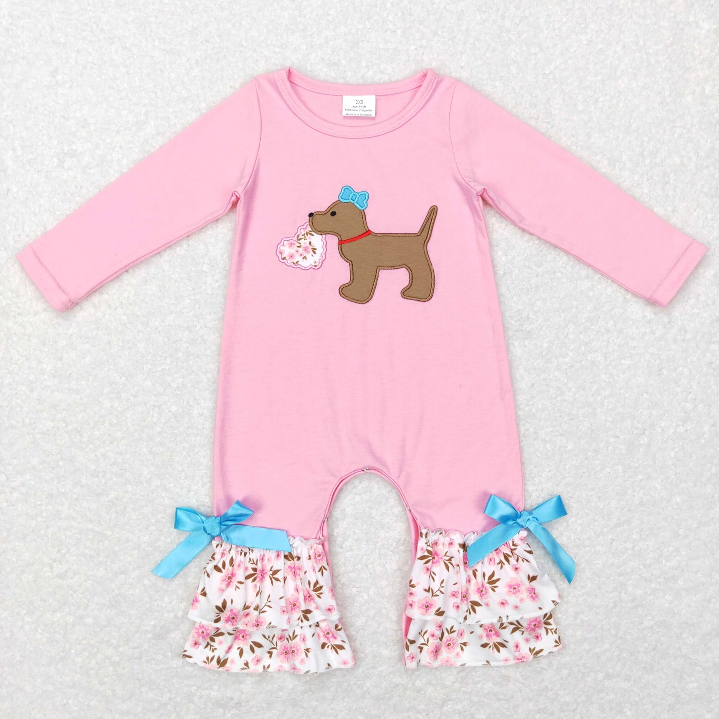 LR0789 Baby girls valentines outfit Pink long sleeve double lace Bow Romper with puppy love heart pattern RTS 202412