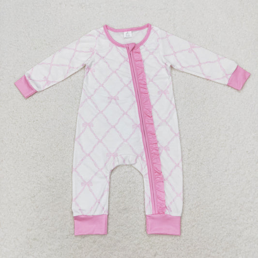 LR0921 Bows Plaid Pink White Zippy Long Sleeve Bamboo Romper RTS Free Shipping Over $100