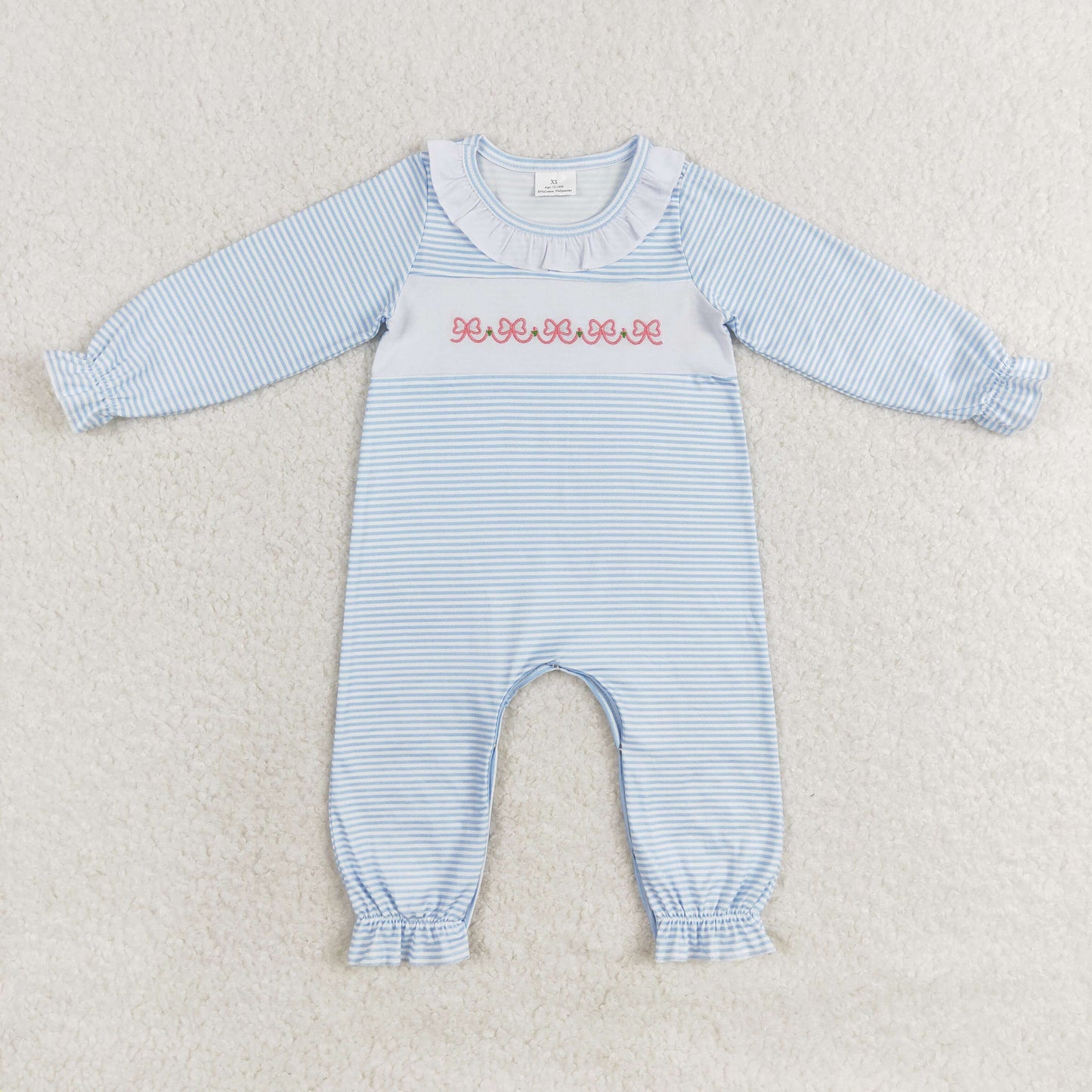 LR0941 Embroidered Bows Blue Stripe Long Sleeve Romper RTS Free Shipping Over 2KG