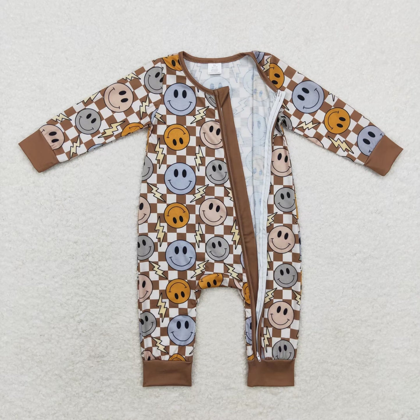 LR0961 Modal Smiley Lightning brown plaid zipper long-sleeved onesie