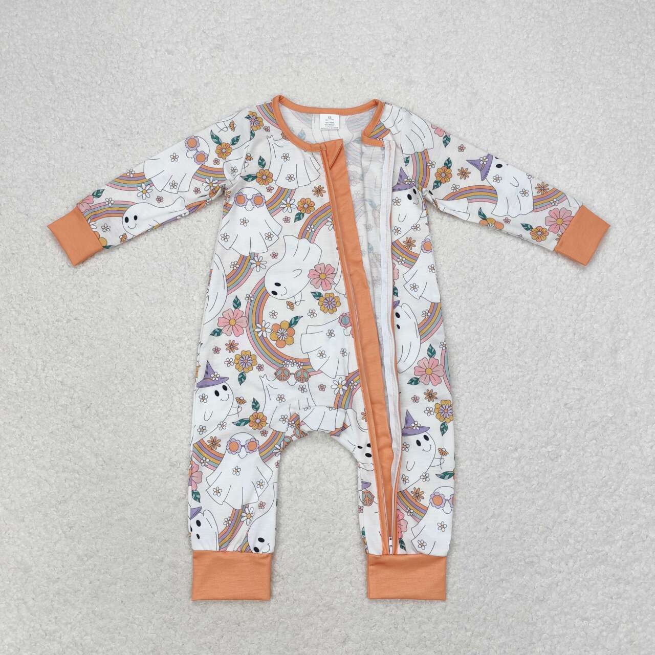 LR0980 Modal Rainbow Ghost Flowers Orange Zipper Long sleeve romper High quality fashion baby romper
