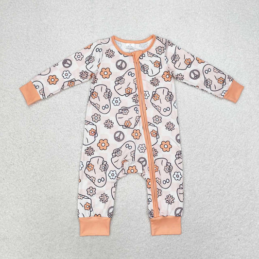LR0981 Ghost Flower plaid orange zipper long sleeve romper High quality newborn baby romper