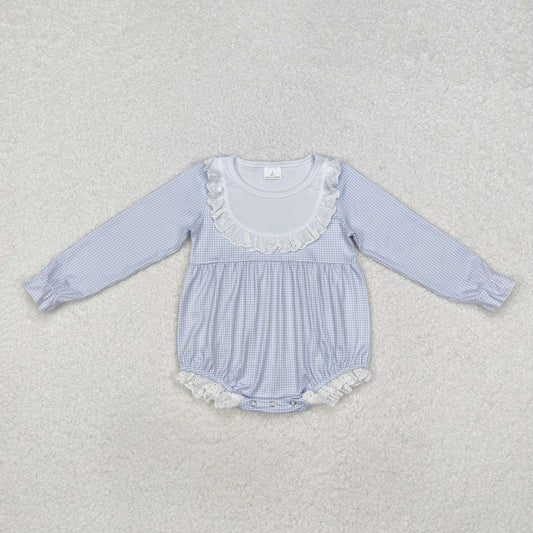 LR0986 Blue check white ruffle Long Sleeve Romper cute girls outfits RTS 20241112