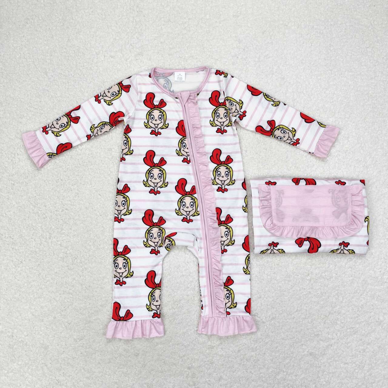 LR1001 grinch Modal girls pink striped lace zipper long-sleeved onesie