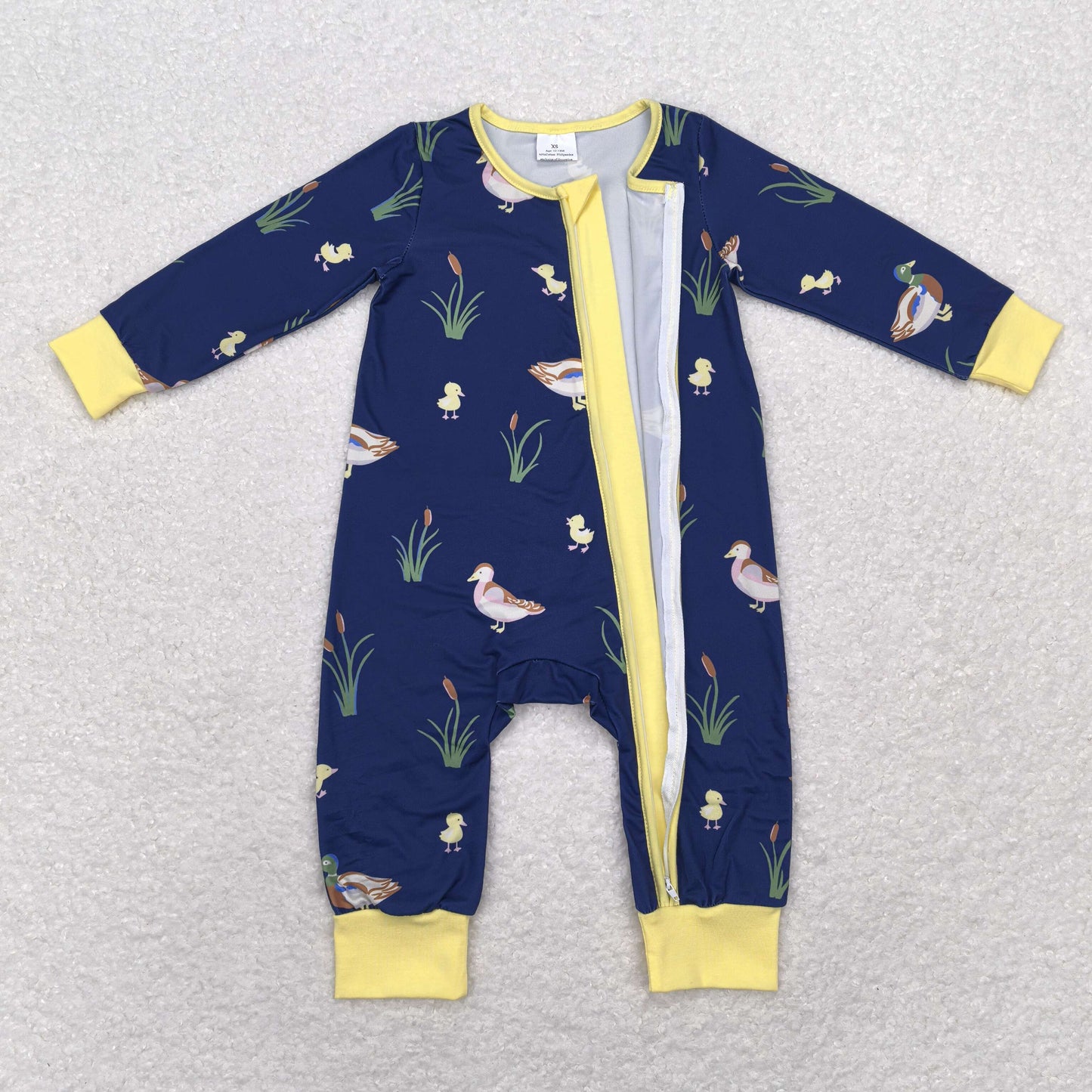 LR1037 Duck yellow with navy blue zipper long-sleeved onesie