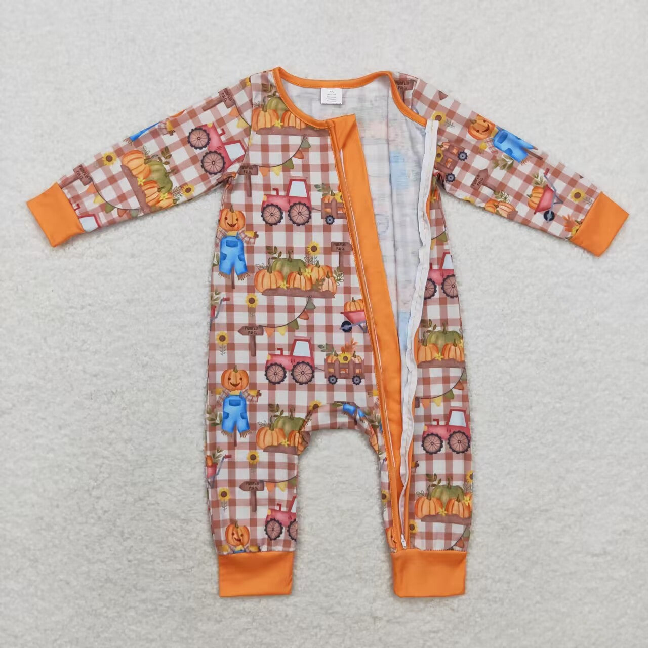 LR1046 Modal pumpkin Scarecrow checkered zipper long-sleeved onesie