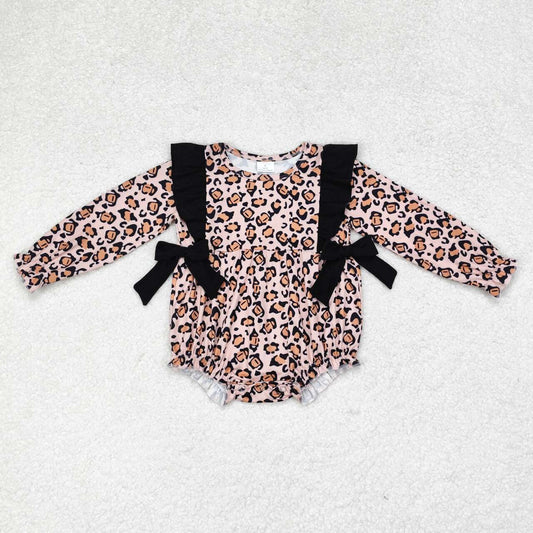 LR1071 Leopard print black bow long sleeve romper High quality western clothes