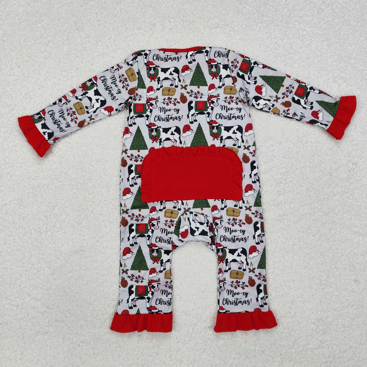 LR1074 Christmas Tree Cow Red Ruffle Zipper Long Sleeve Girls Romper RTS 202510