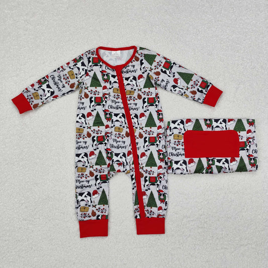 LR1075 Christmas Cow Tree Red Zipper Long Sleeve Boys Romper RTS 202509