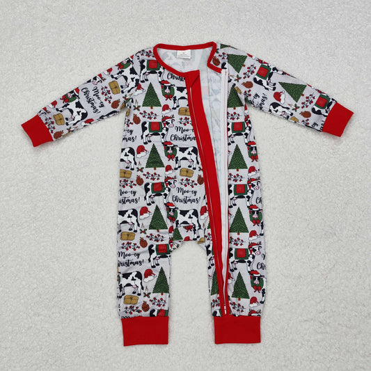 LR1075 Christmas Cow Tree Red Zipper Long Sleeve Boys Romper RTS 202509