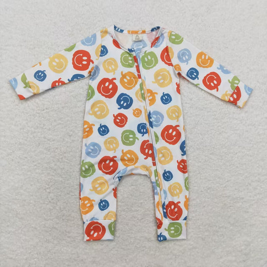 LR1094 Modal Smiley pumpkin white zip-up long-sleeved onesie