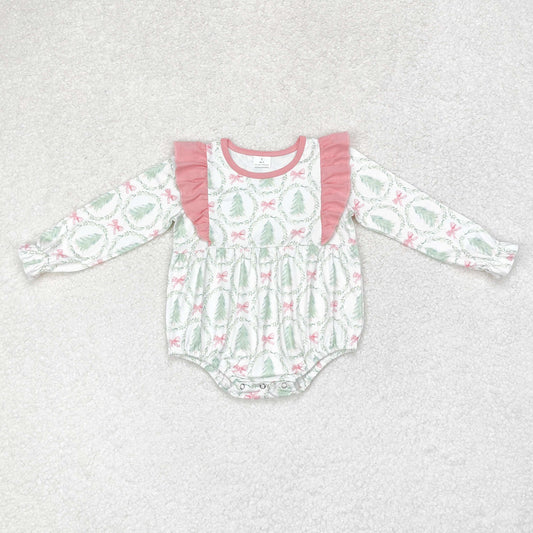 LR1105 NO MOQ High quality Christmas Tree bow pattern Pink lace Long sleeve romper western clothes