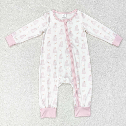LR1124 RTS Modal Pink Ghost White zip-up long-sleeved onesie