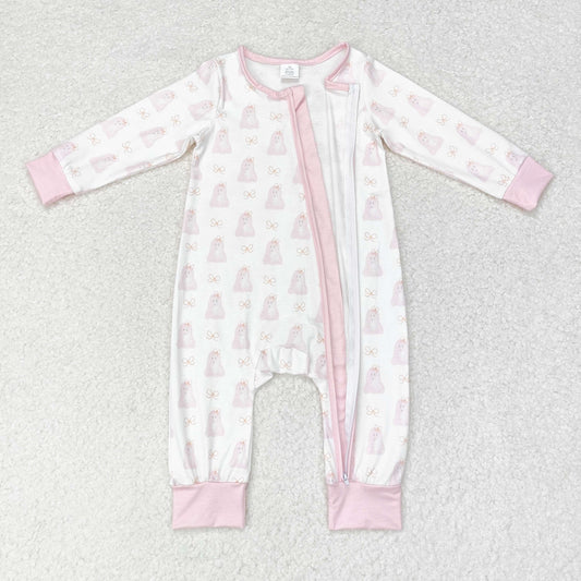 LR1124 RTS Modal Pink Ghost White zip-up long-sleeved onesie