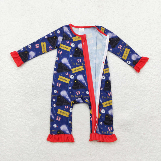 LR1132 RTS believe Modal Train lace navy blue zip-up long sleeve onesie
