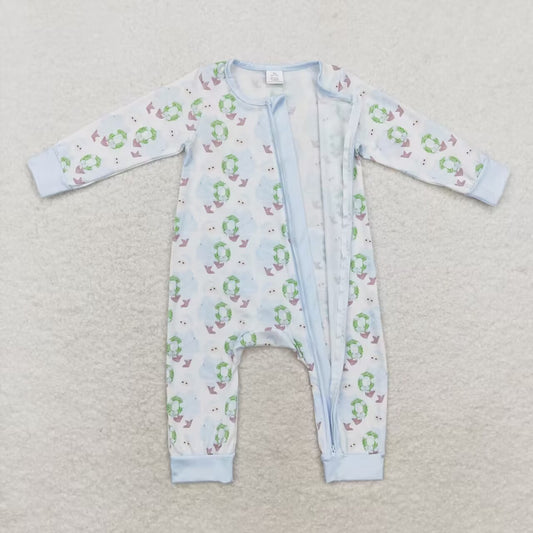 LR1148 Modal Blue Santa wreath zipper long sleeve onesie