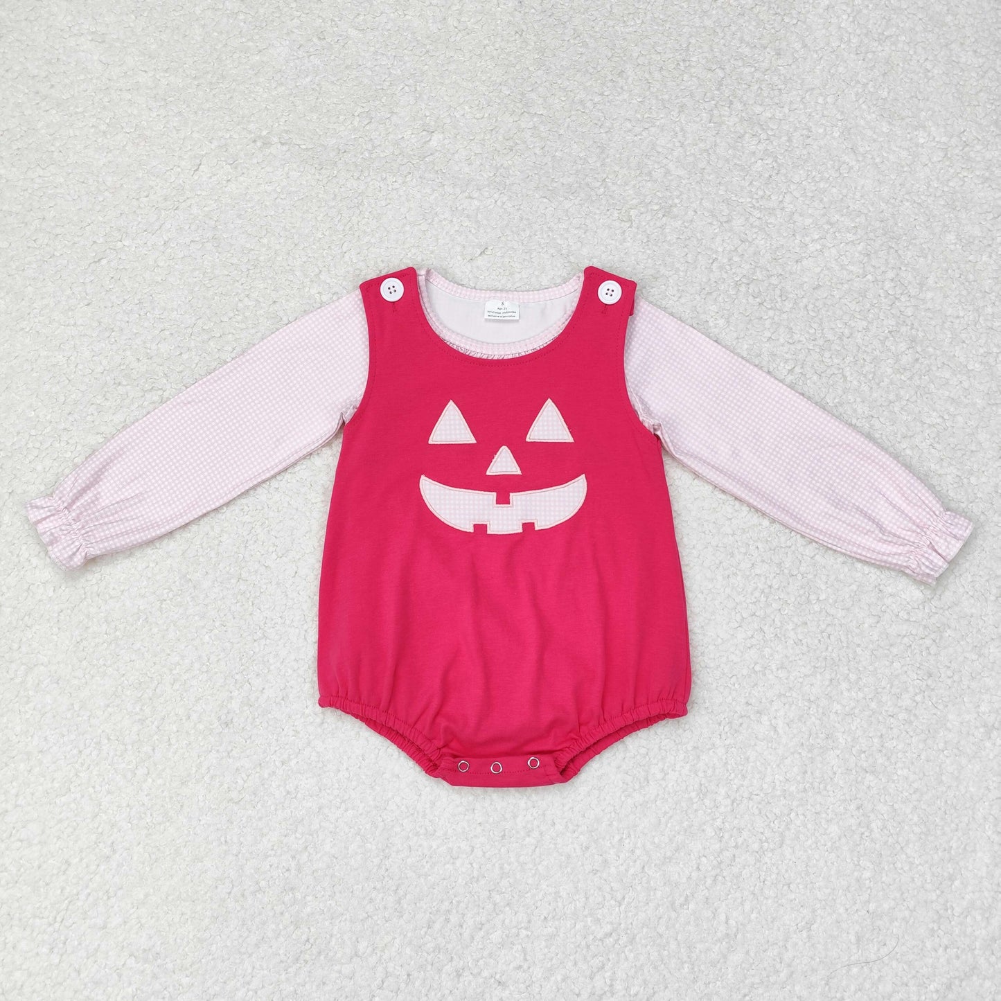 LR1171 NO MOQ Halloween pink plaid lace long sleeve smiley face Rose-red vest romper suit western clothes