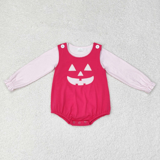 LR1171 NO MOQ Halloween pink plaid lace long sleeve smiley face Rose-red vest romper suit western clothes
