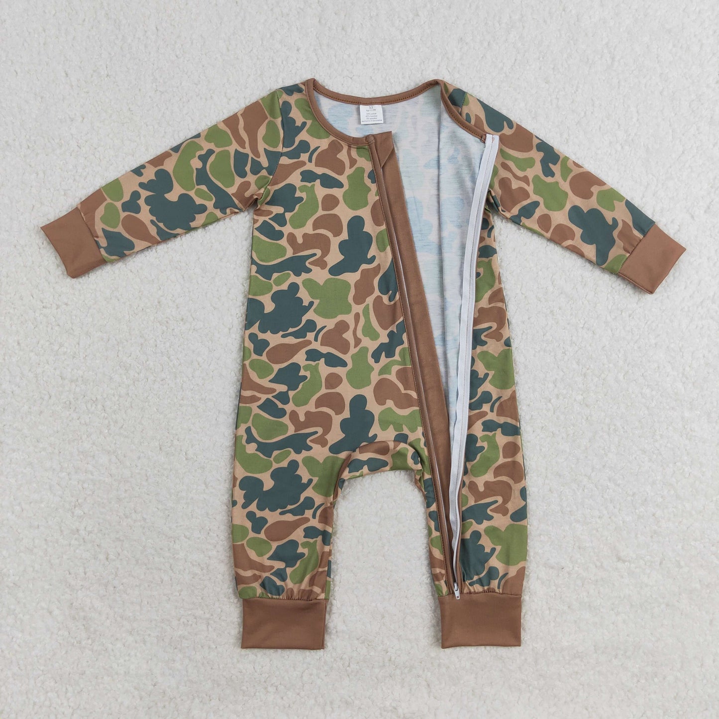 LR1203 Boys Brown Green Camo Zippy Long Sleeve Bamboo Romper RTS Free Shipping Over $100