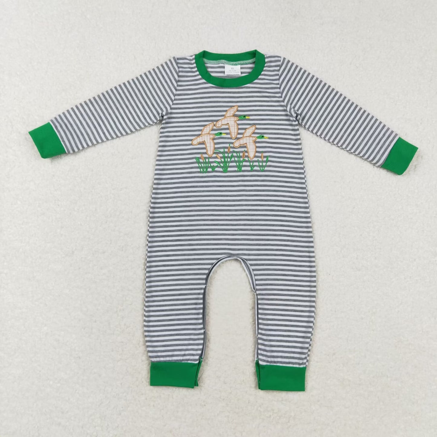 LR1217 Embroidered duck stripe long-sleeved onesie with green edges