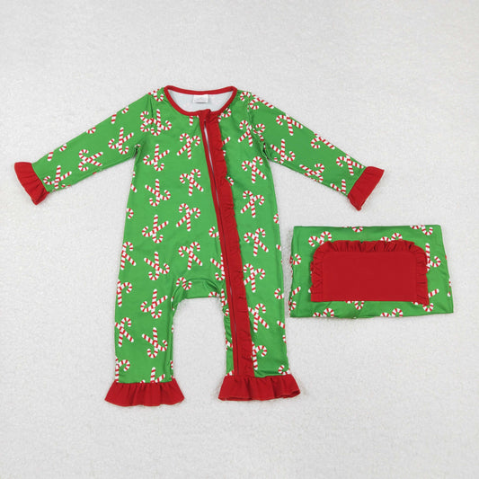 LR1236 Christmas Santa Cane Red Ruffle Border Zipper Green Long-Sleeved Girls Romper RTS 202509