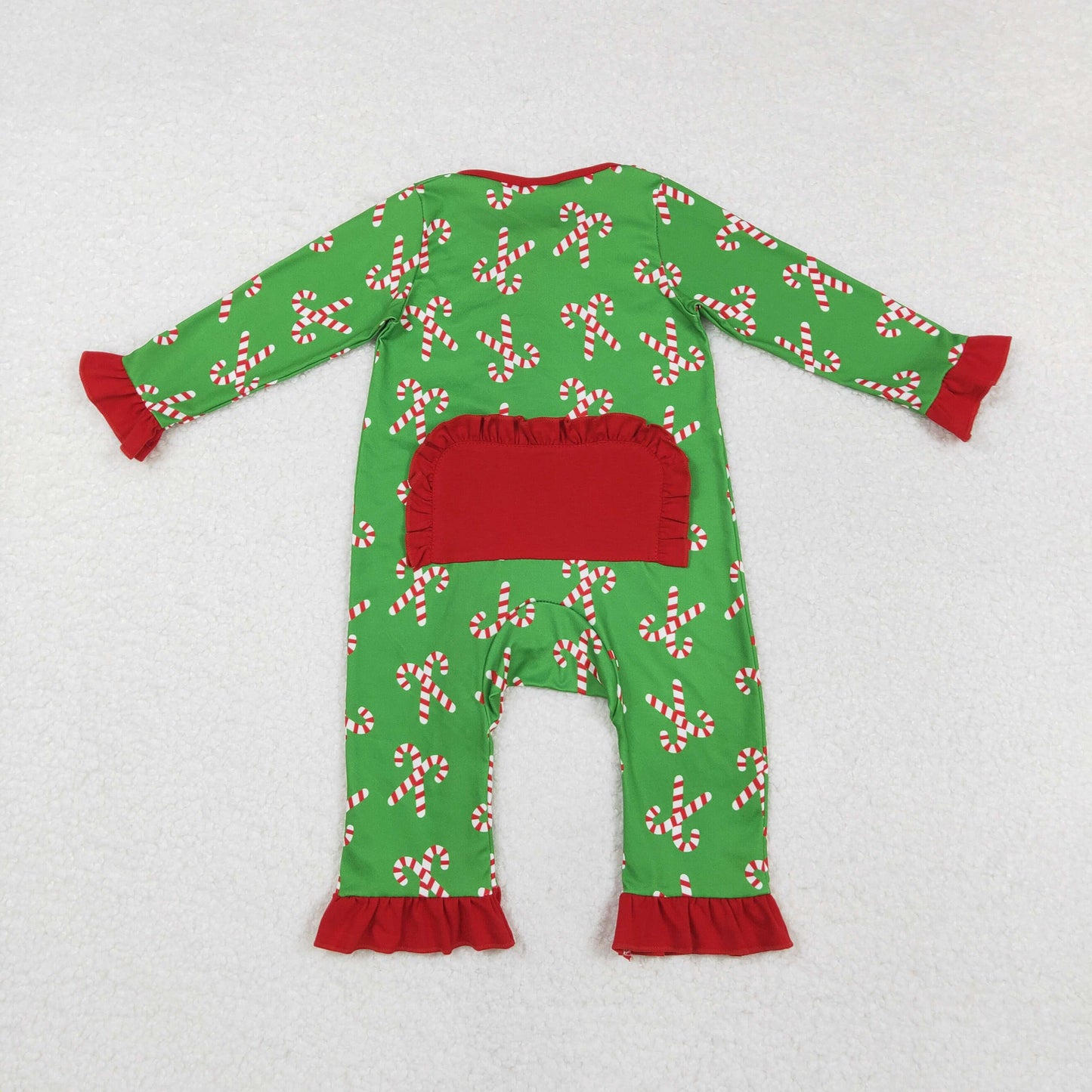 LR1236 Christmas Santa Cane Red Ruffle Border Zipper Green Long-Sleeved Girls Romper RTS 202509