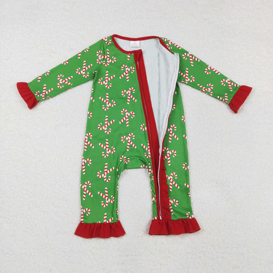 LR1236 Christmas Santa Cane Red Ruffle Border Zipper Green Long-Sleeved Girls Romper RTS 202509