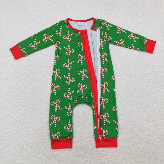 LR1237 Christmas Santa Cane Red Border Zipper Green Long-Sleeved Boys Onesie
