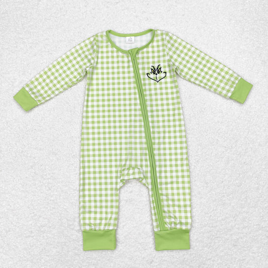 LR1251 grinch Modal Smiley face green plaid zipper long-sleeved onesie