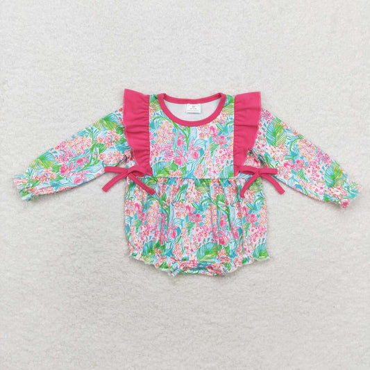 LR1295 Flower leaves red lace bow long sleeve onesie