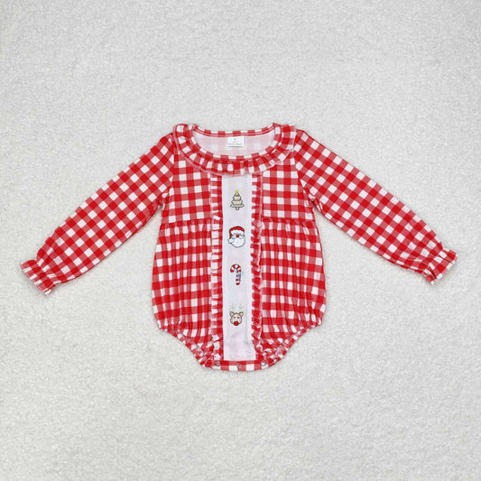 LR1302 Embroidered Christmas tree old man crutch deer red plaid lace long-sleeved onesie