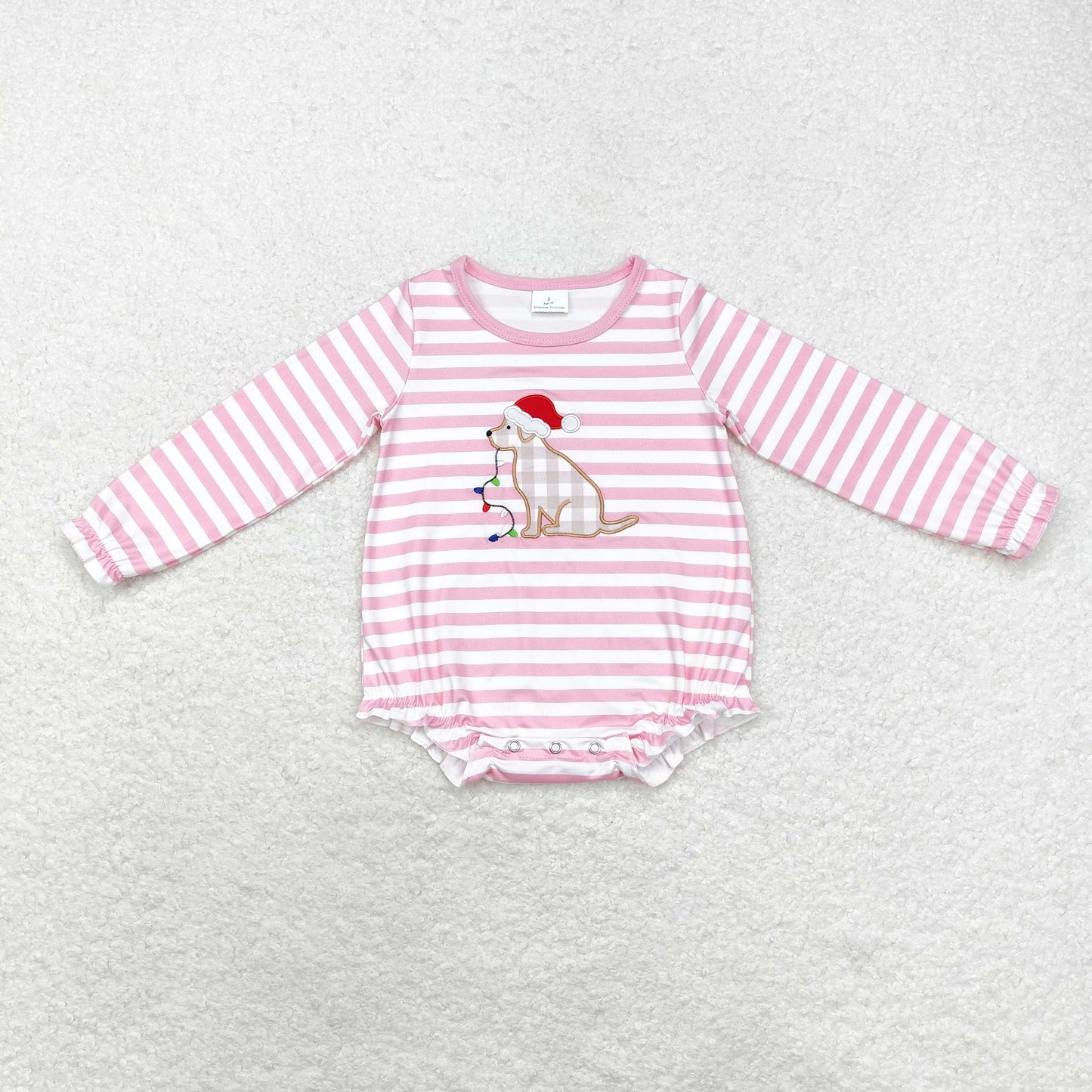LR1306 Embroidered Santa hat puppy lights striped pink and white long-sleeved onesie