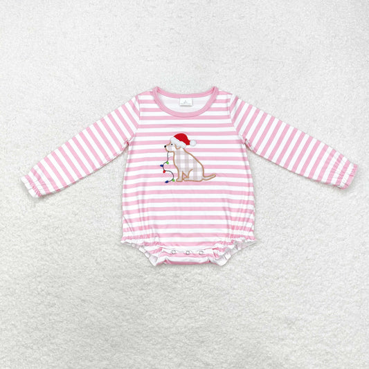 LR1306 Embroidered Santa hat puppy lights striped pink and white long-sleeved onesie