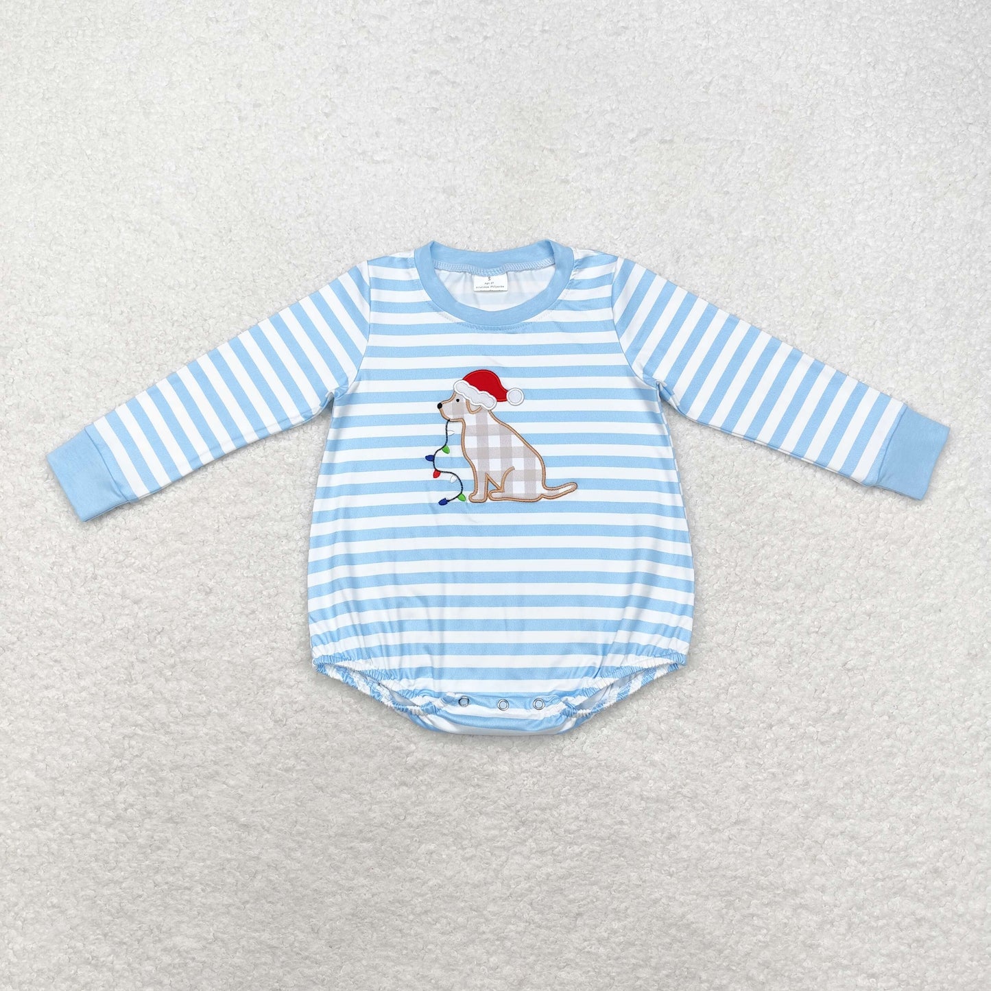 LR1307 Embroidered Santa hat puppy lights striped blue and white long-sleeved onesie
