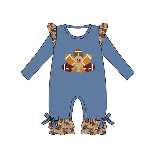 Preorder LR1328 NO MOQ Football Turkey Brown lace blue long-sleeved onesie