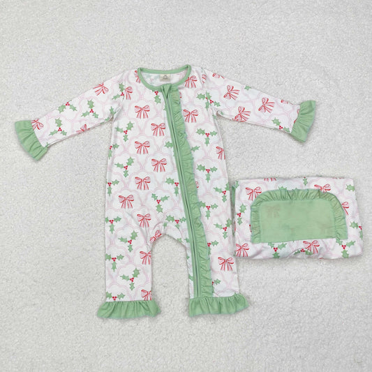 LR1344 Bamboo Pajamas Bow Pattern Leaves Green Ruffle Long-Sleeved Girls Rompers