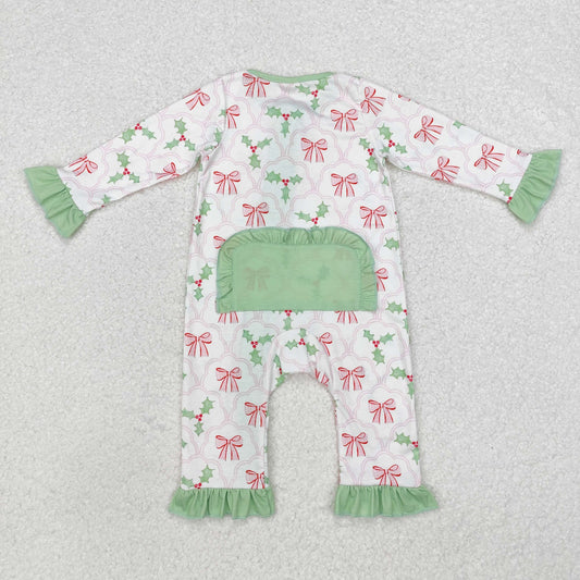 LR1344 Bamboo Pajamas Bow Pattern Leaves Green Ruffle Long-Sleeved Girls Rompers