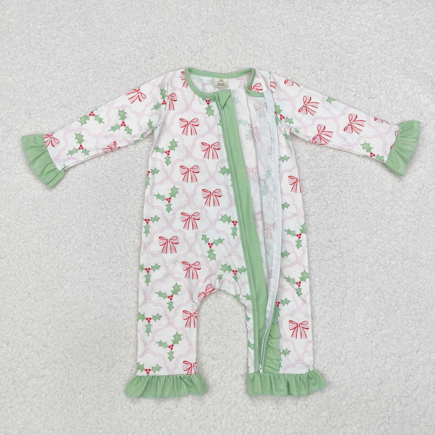 LR1344 Bamboo Pajamas Bow Pattern Leaves Green Ruffle Long-Sleeved Girls Rompers