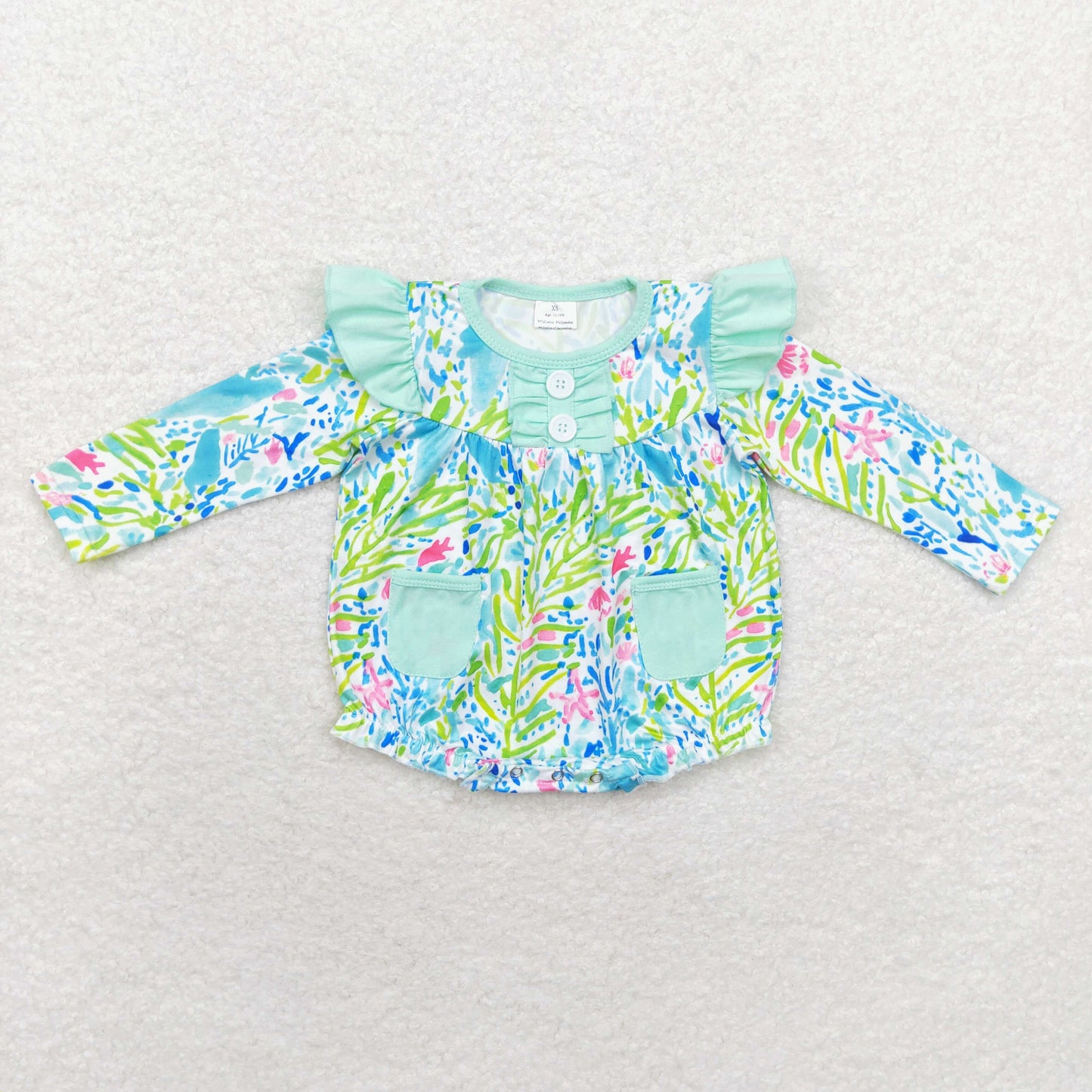 LR1353 RTS Seagrass turquoise pocket lace long sleeve onesie