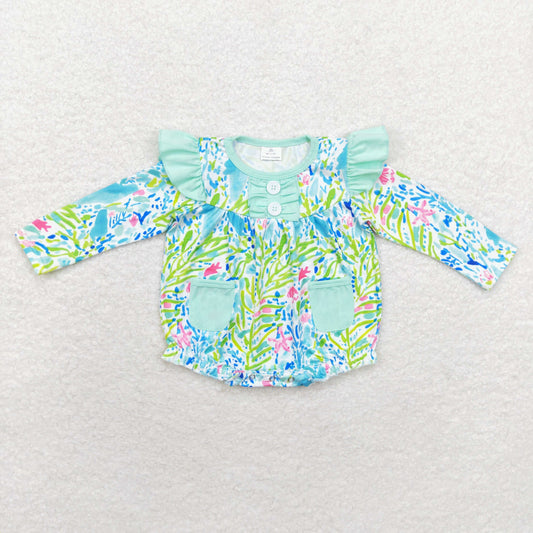 LR1353 RTS Seagrass turquoise pocket lace long sleeve onesie